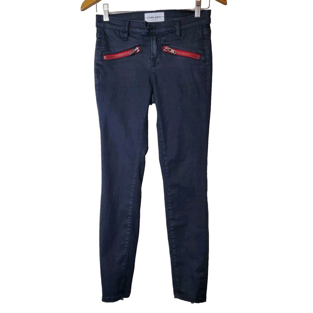 Etienne Marcel 25 Black Denim Ankle Red Zipper Skinny Jeans Stretch‎ Moto